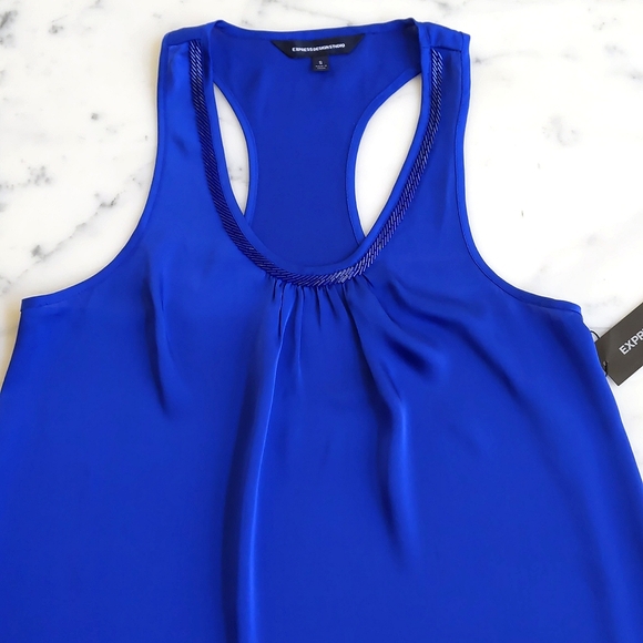 NWT. Express Bright Electric Blue Satin Sleeveless Blouse w/beads neckline decor - Picture 3 of 5
